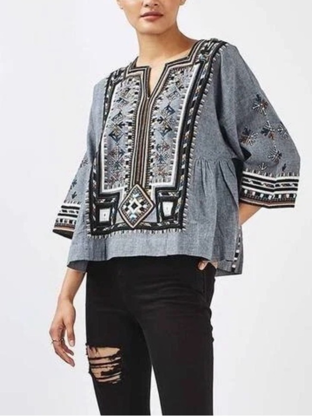 Topshop Bohemian Embroidered Blue Printed Short Sleeve Top US 2/4 Small